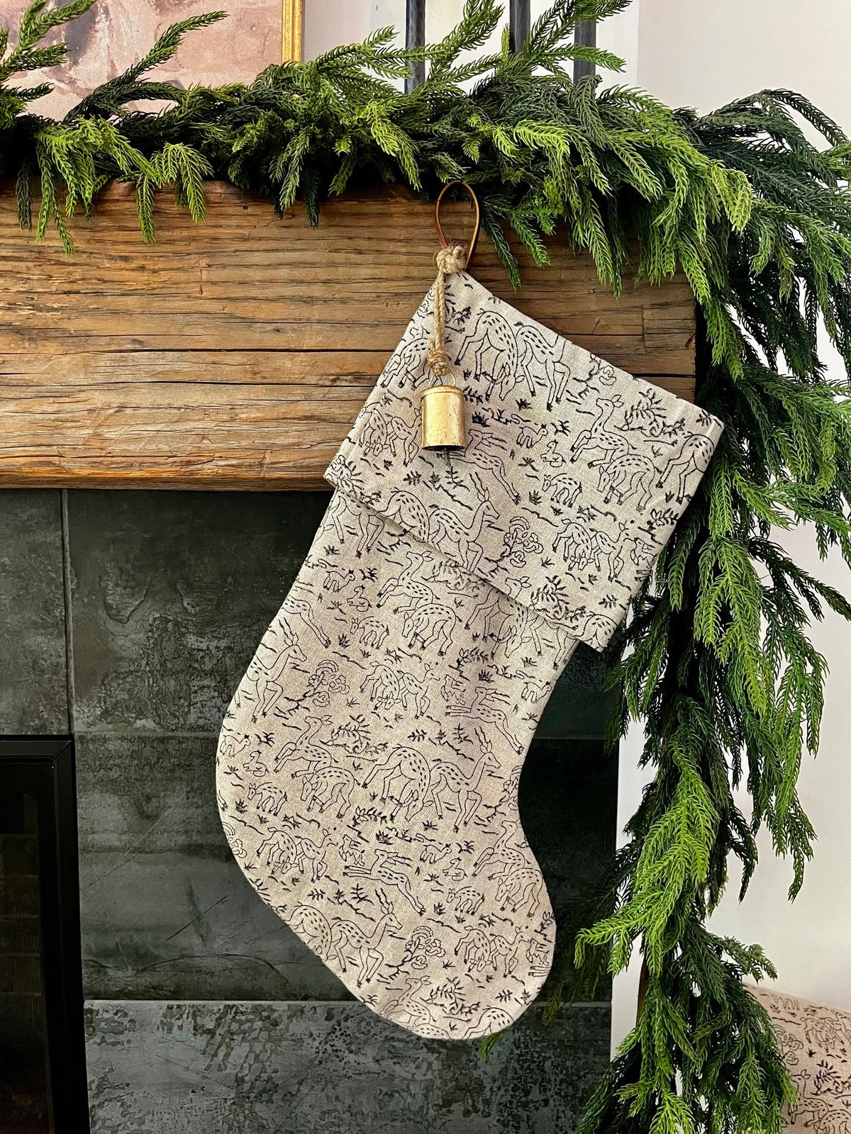 Christmas Stocking "Fold Over" Reindeer Linen Print