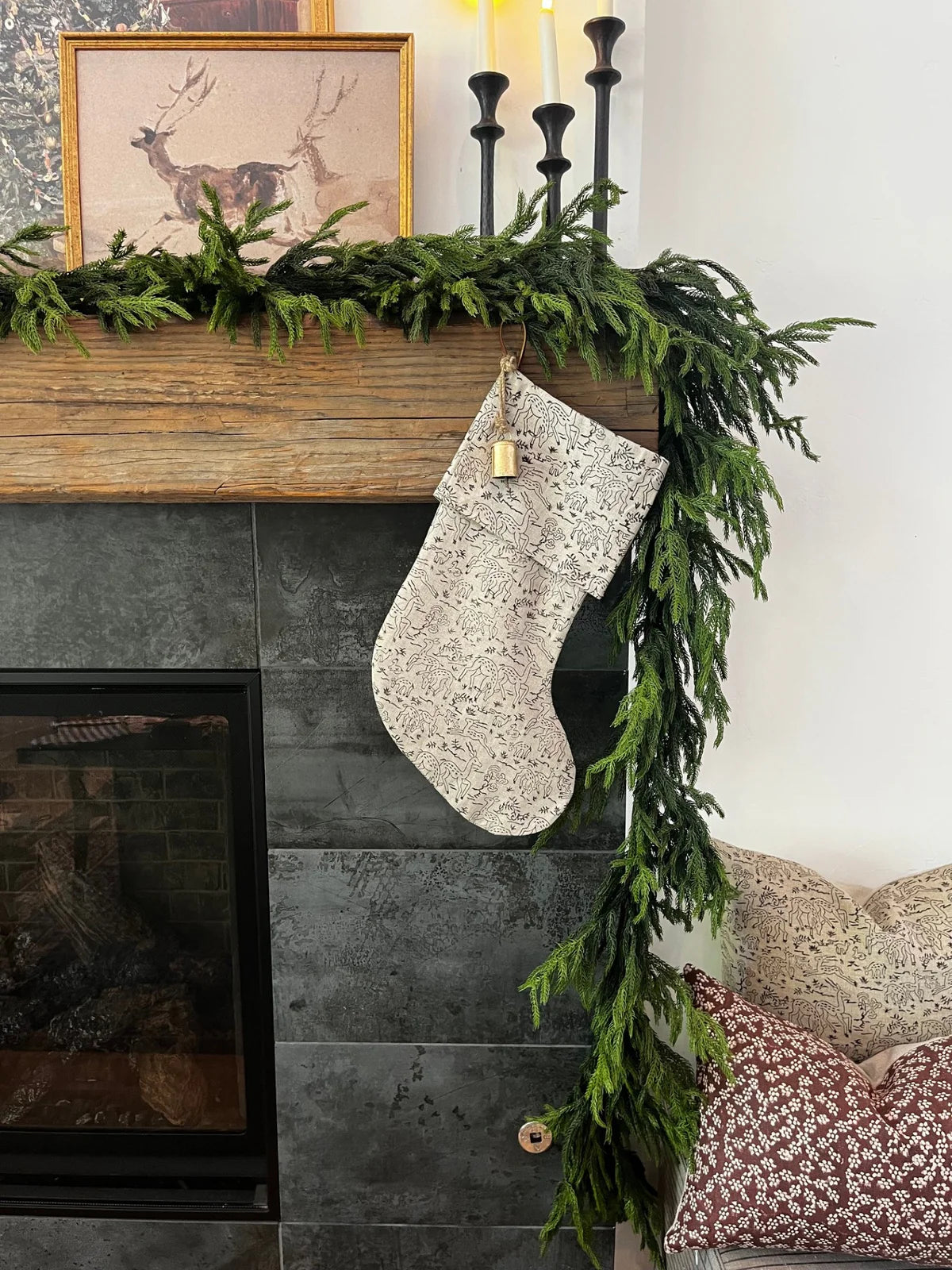 Christmas Stocking "Fold Over" Reindeer Linen Print