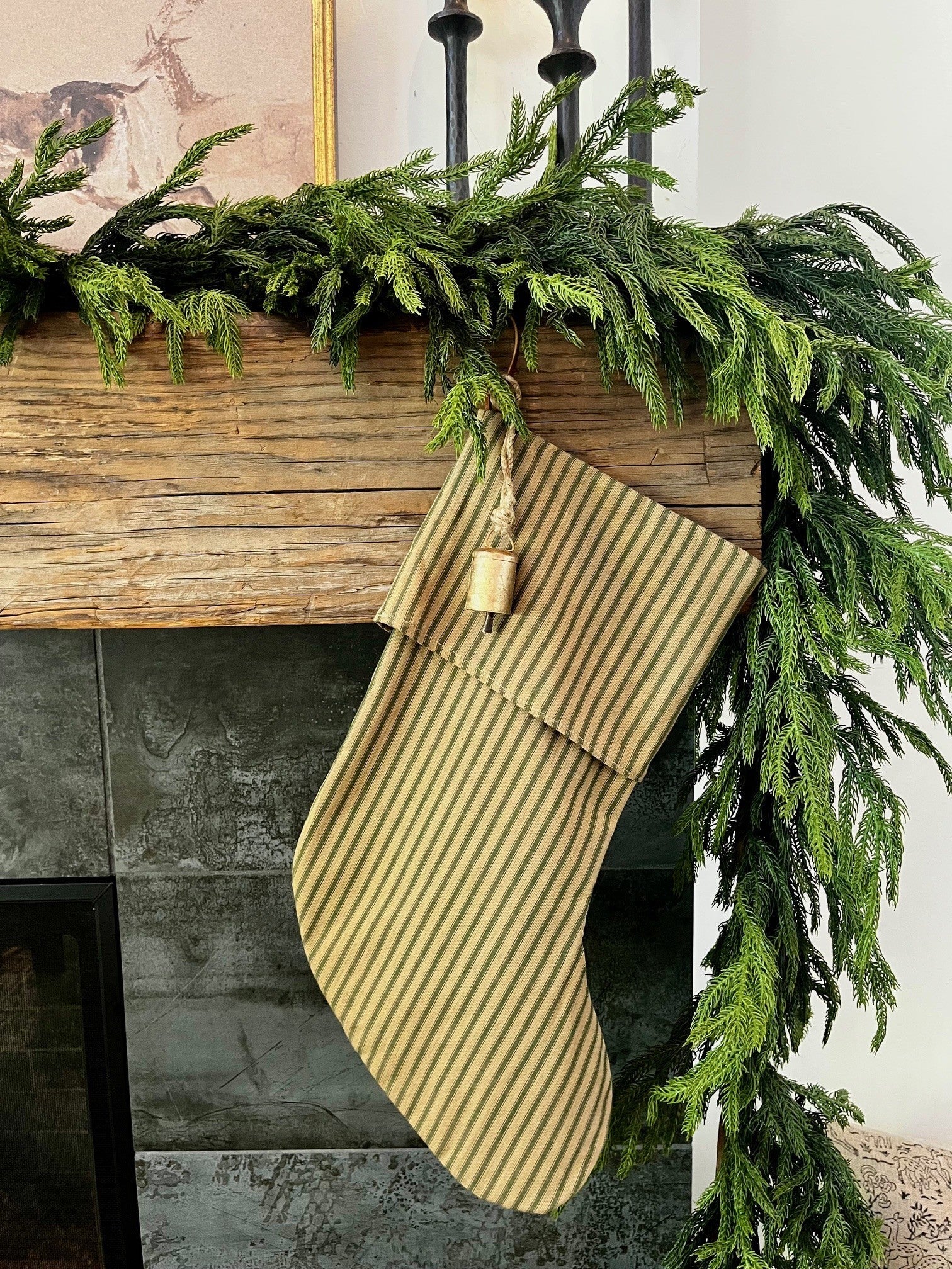 Christmas Stocking "Fold Over" Green and Tan Stripe