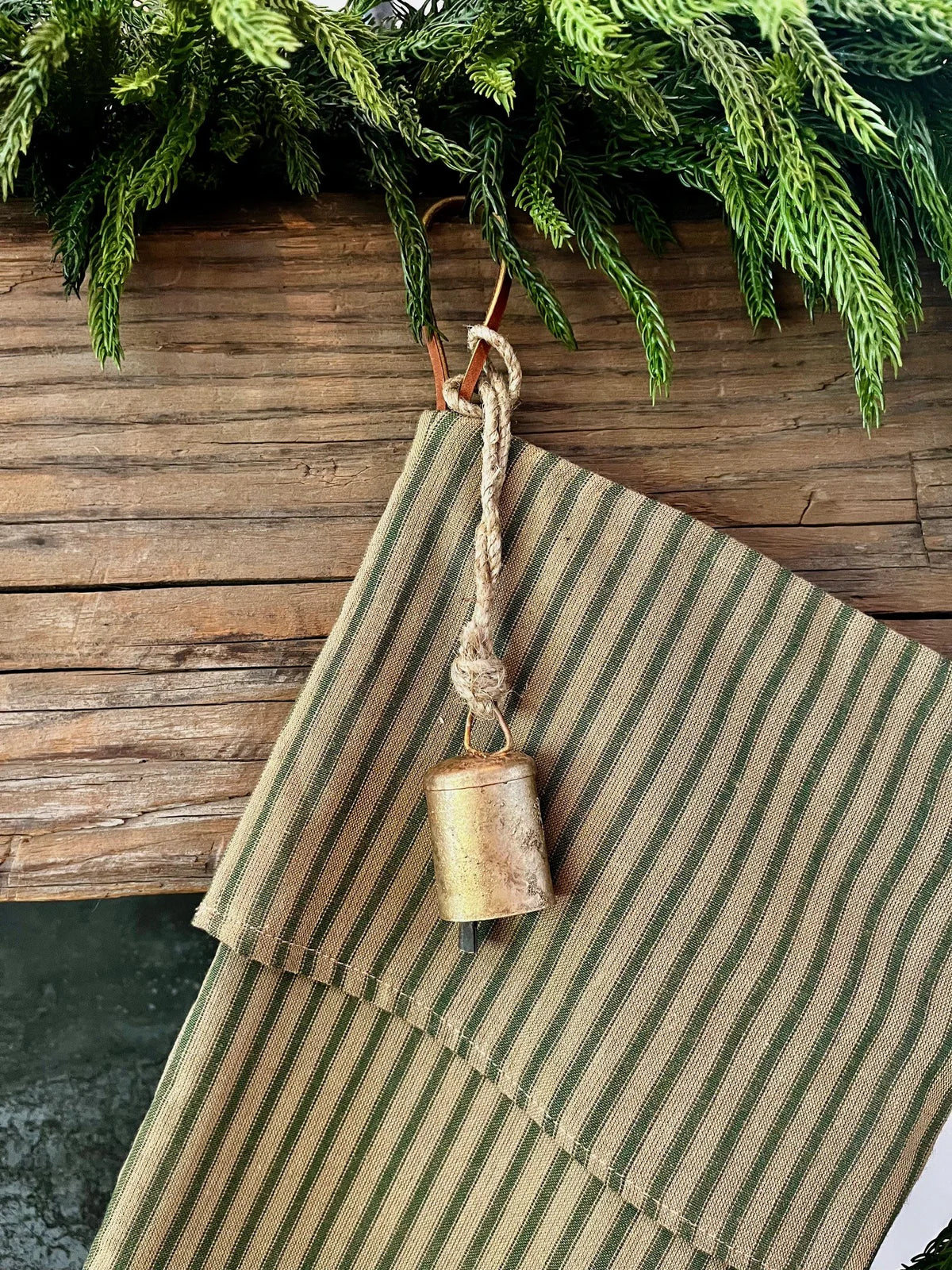 Christmas Stocking "Fold Over" Green and Tan Stripe