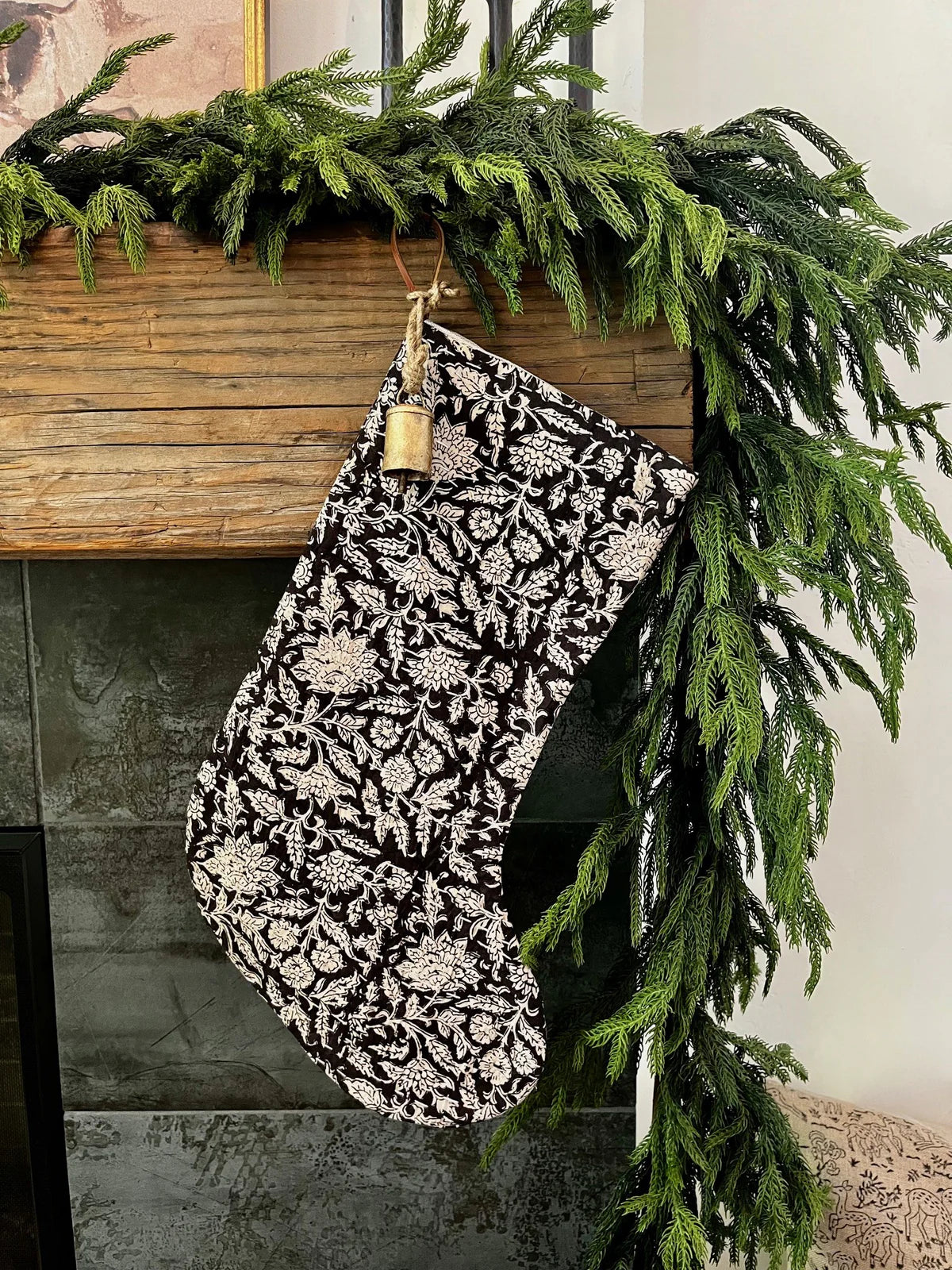 Christmas Stocking Raven Black Floral Block Print