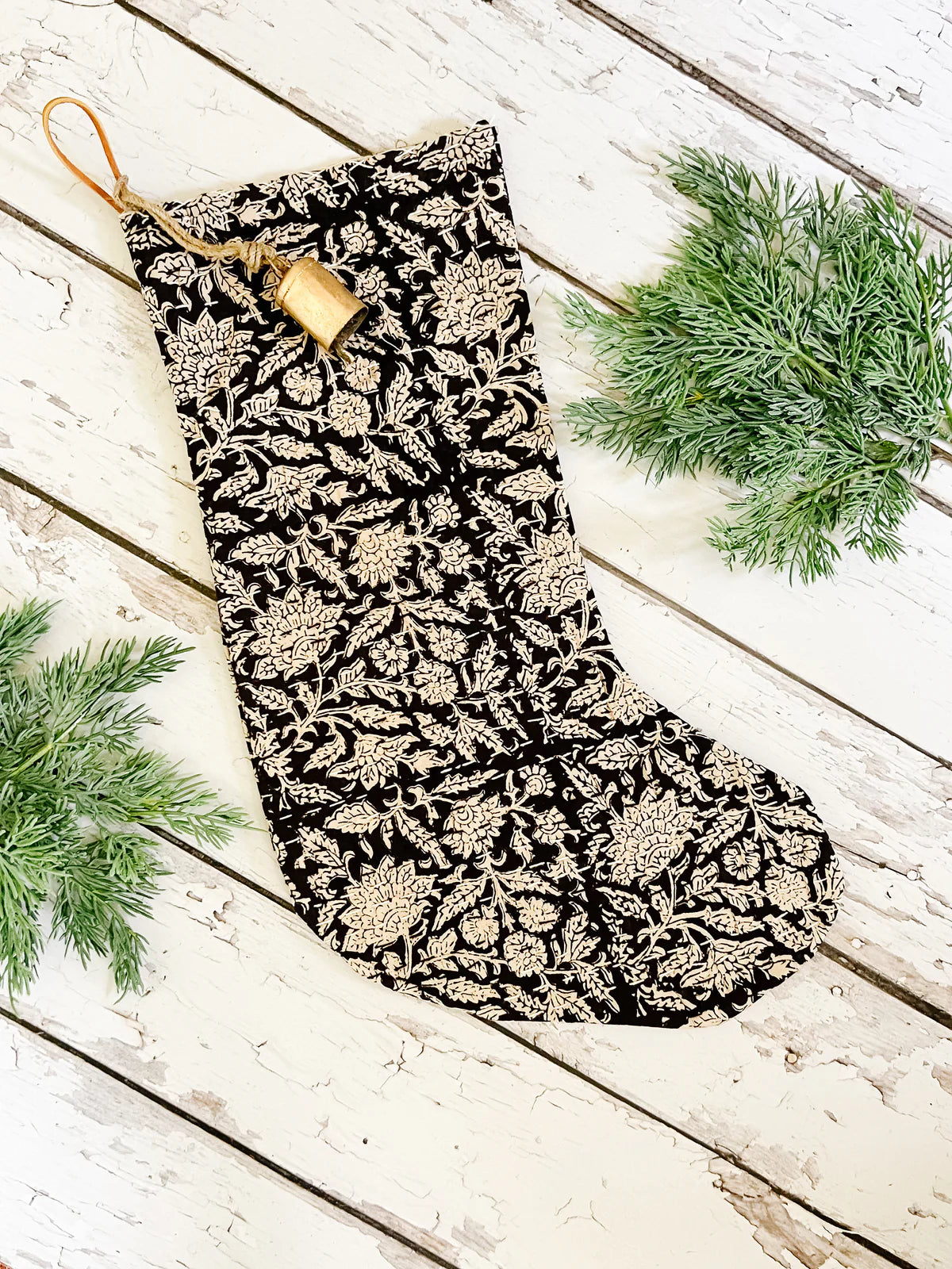 Christmas Stocking Raven Black Floral Block Print