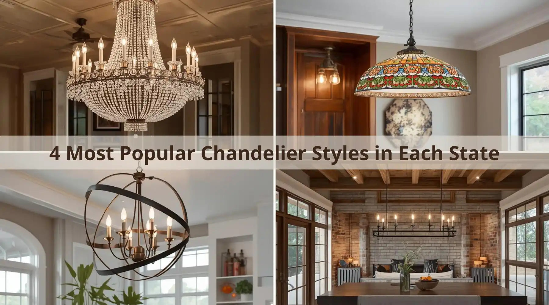 Four elegant chandeliers labeled with "4 Most Popular Chandelier Styles in Each State" showcasing diverse designs.