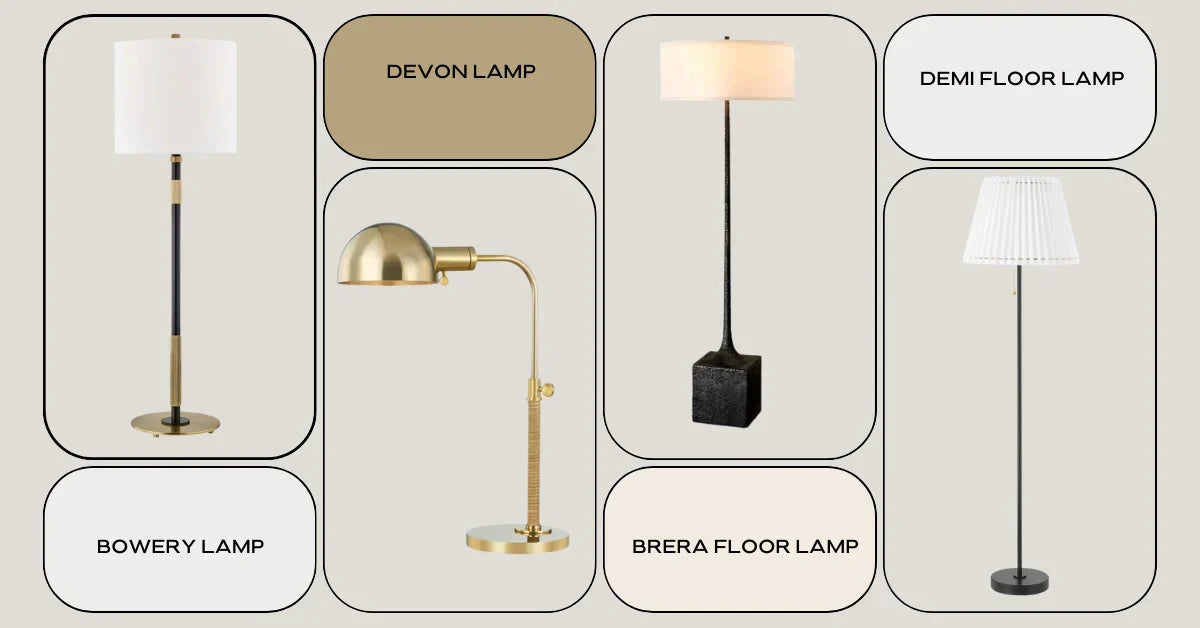 A display of five stylish lamps: Bowery, Devon, Demi, Brera, and a chic desk lamp, showcasing various designs and materials.
