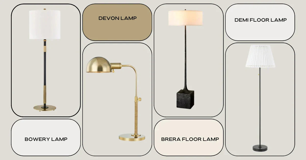 A display of five stylish lamps: Bowery, Devon, Demi, Brera, and a chic desk lamp, showcasing various designs and materials.