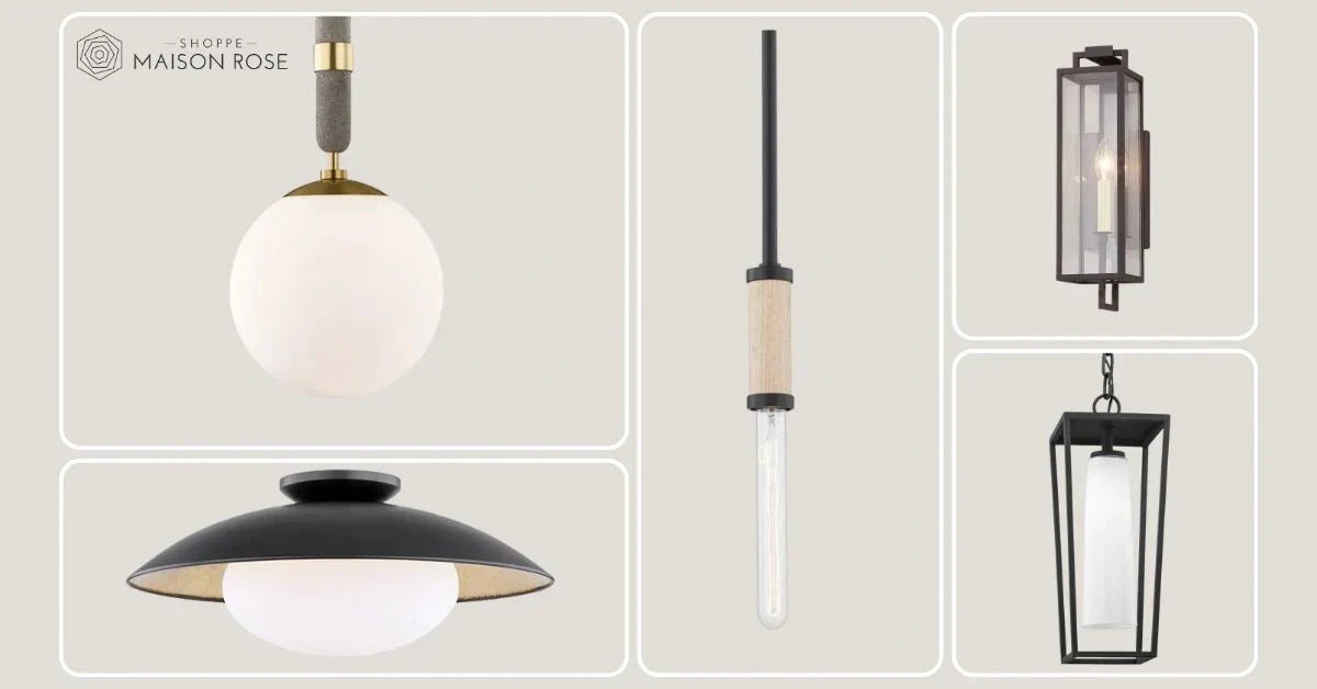 A collage of stylish light fixtures, including a round white pendant, a black ceiling lamp, and a modern wall sconce, showcasing various designs.