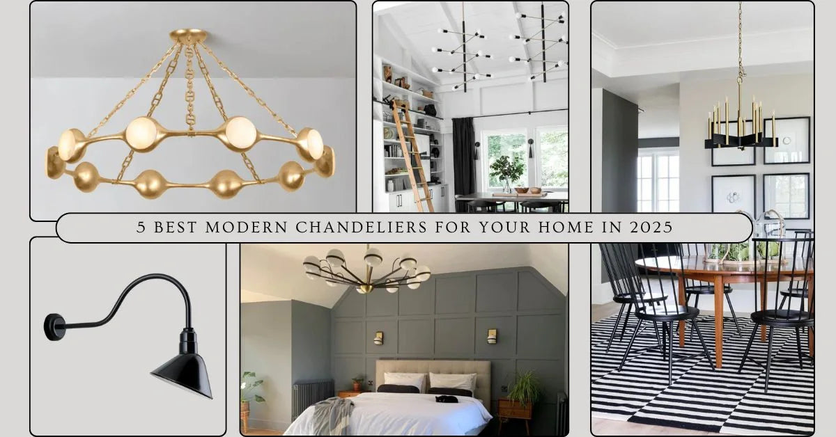 Collage of modern chandeliers showcasing five stylish designs for home decor in 2025, highlighting various colors and styles.