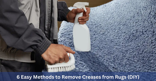 A person using a brush and spray bottle on a blue rug to remove creases, with a title about DIY methods for wrinkle removal.