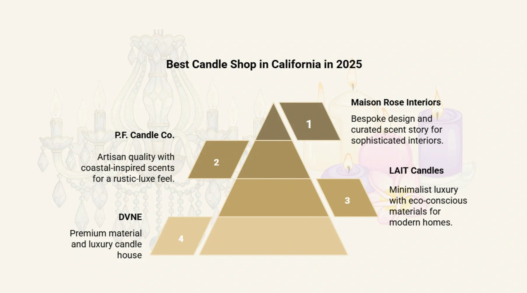 Infographic ranking the best candle shops in California for 2025, featuring Maison Rose Interiors at 1, P.F. Candle Co. at 2, and LAIT Candles at 3.