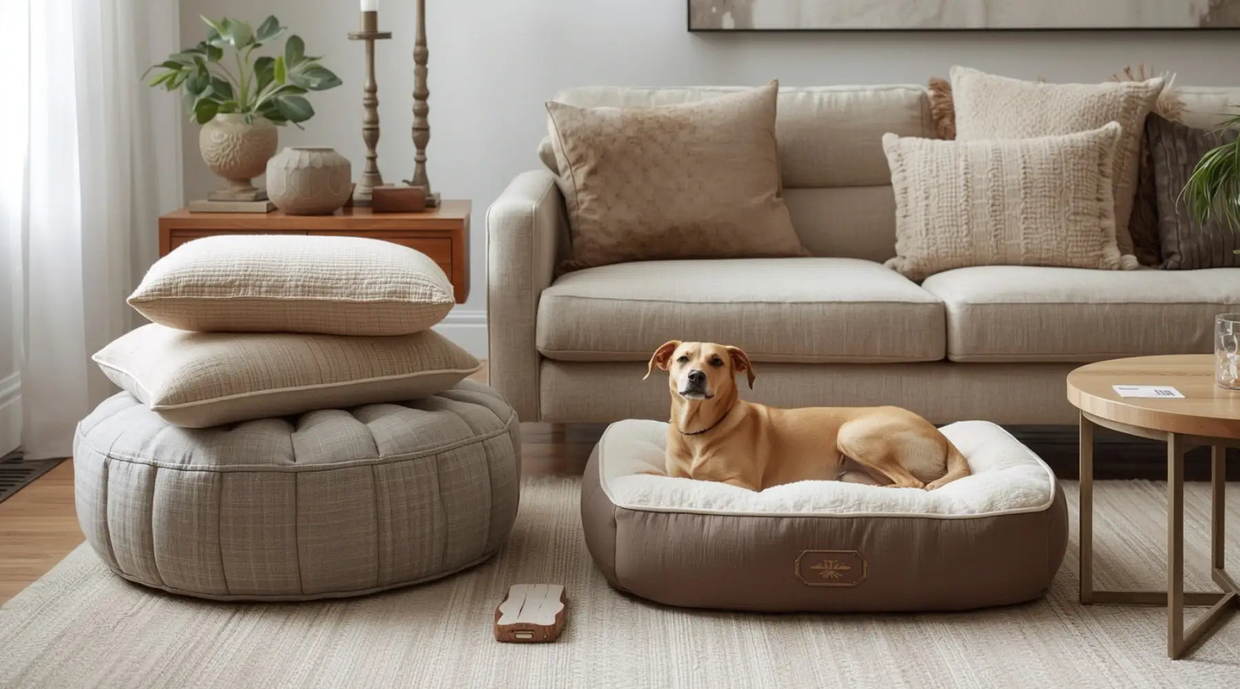 A cozy living room scene featuring a dog resting on a plush bed, surrounded by decorative pillows, a coffee table, and plants.