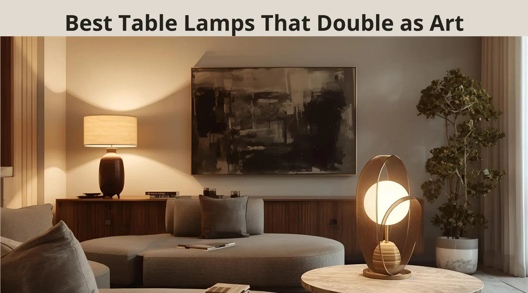 Stylish living room featuring artistic table lamps, modern furniture, abstract artwork, and greenery for a cozy ambiance.