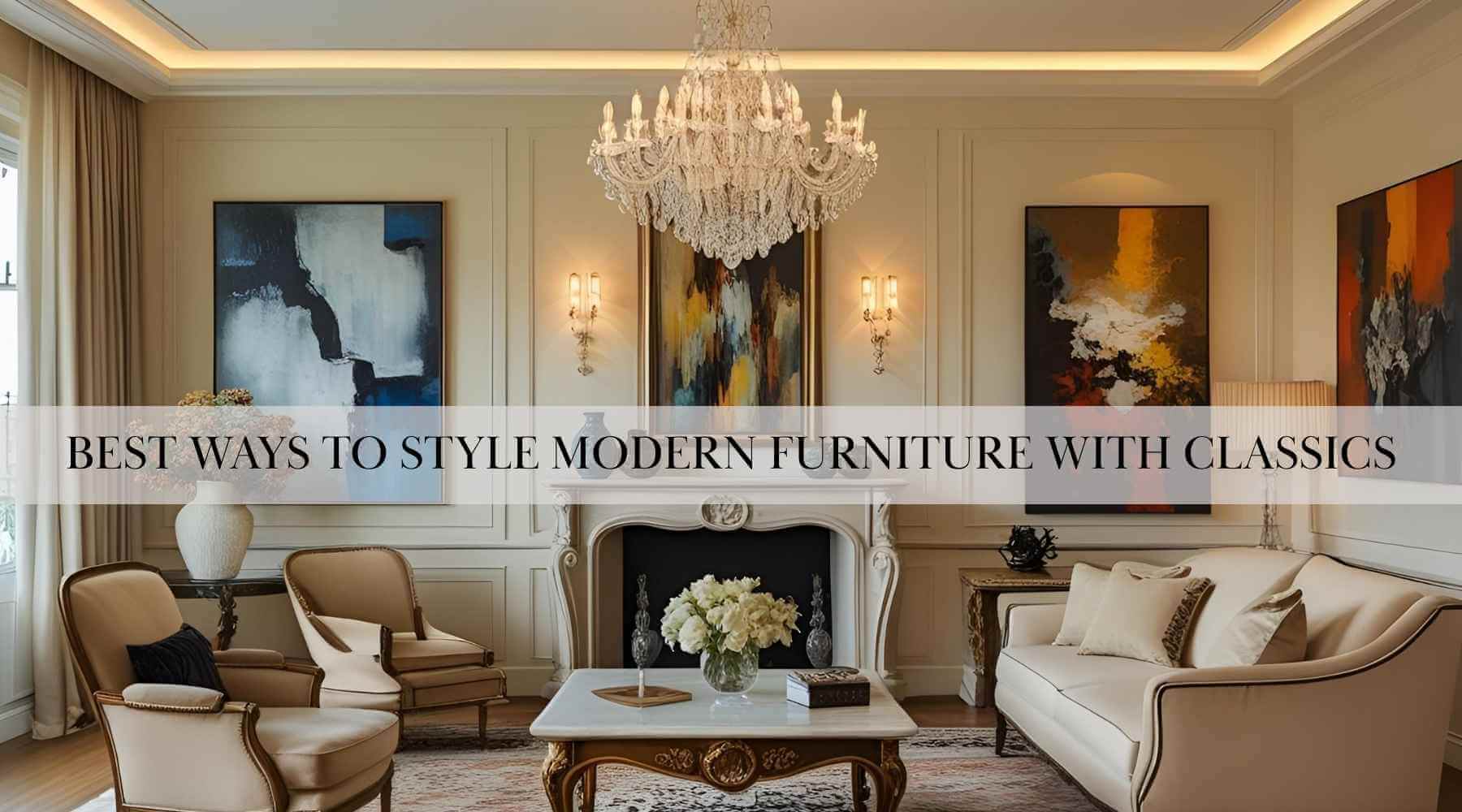 Elegant living room with modern furniture and classic accents, featuring a grand chandelier, stylish artwork, and sophisticated lighting ambiance.