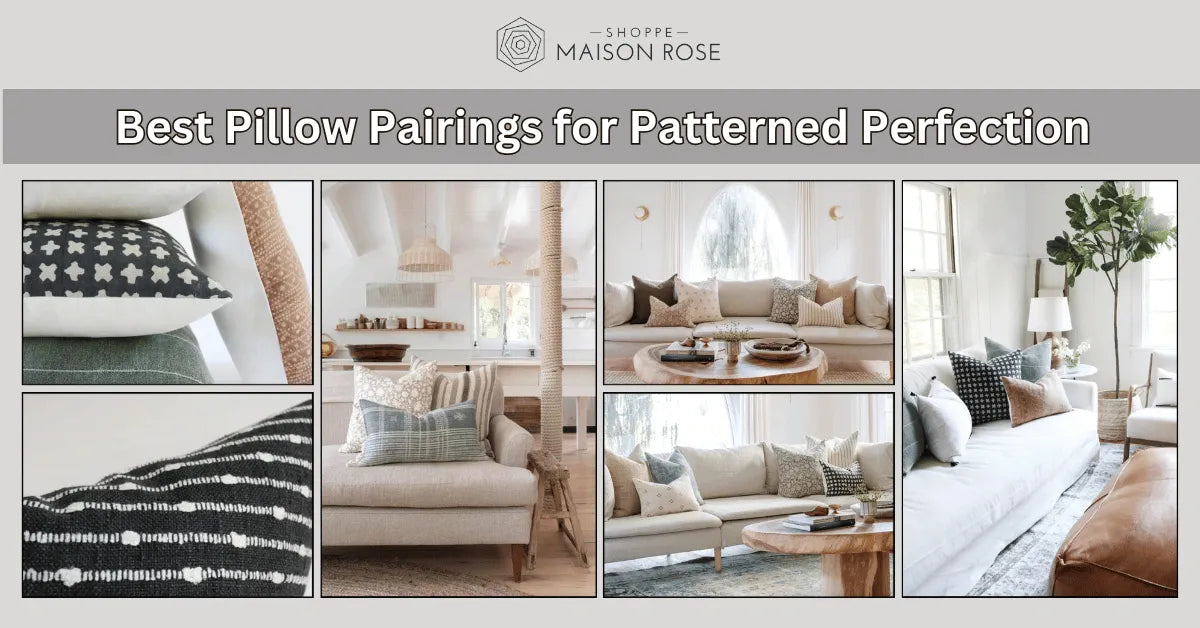 A collage showcasing stylish pillow pairings for various living room settings, emphasizing patterns and color coordination.