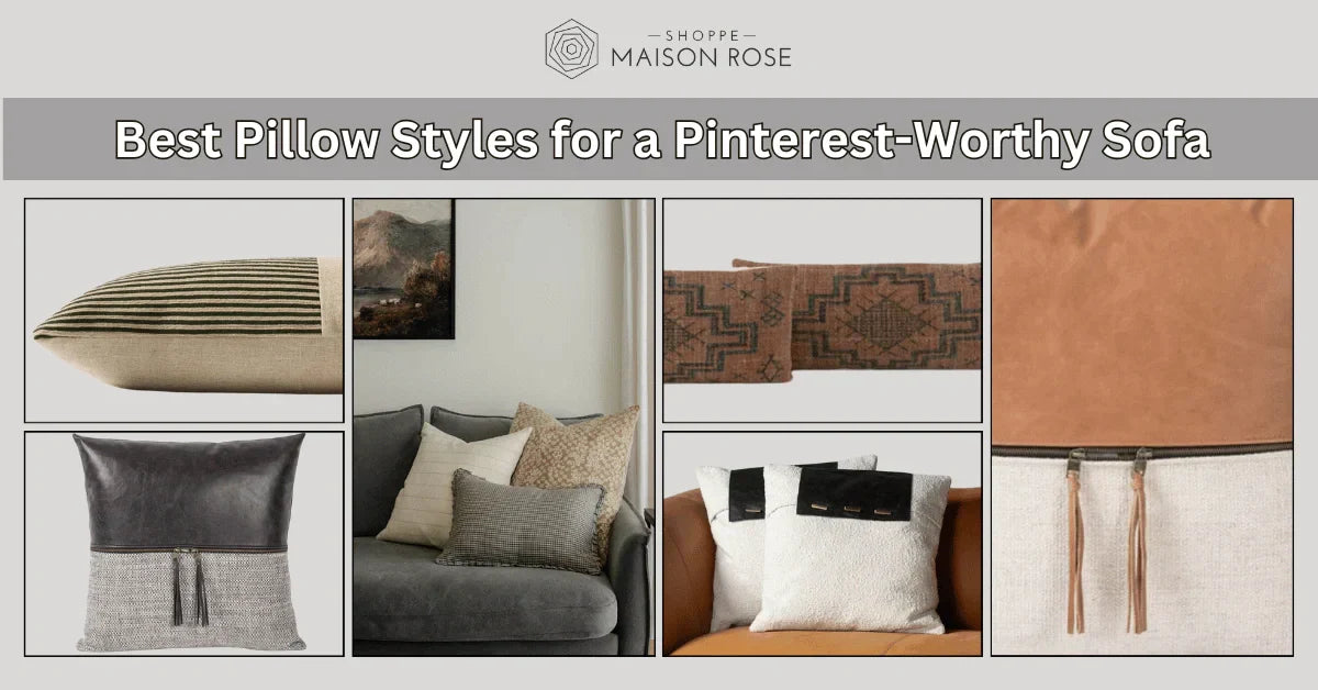A collage showcasing various stylish pillows for sofas, emphasizing trendy designs and textures for a Pinterest-worthy look.