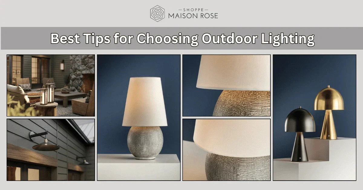 Collage of stylish outdoor lighting ideas featuring lamps, wall sconces, and tips for choosing outdoor lighting decor.