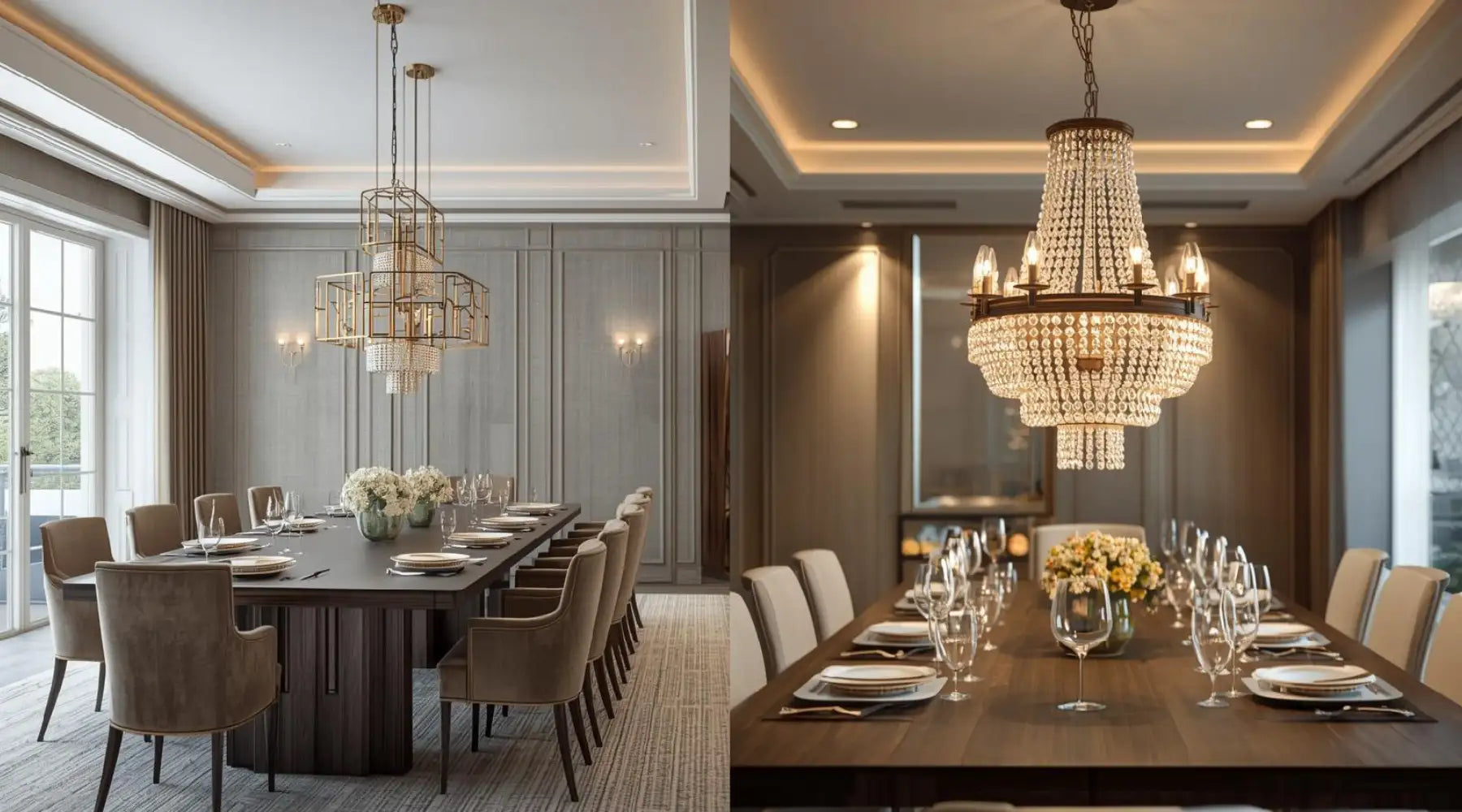 Two elegant dining rooms featuring modern chandeliers, long tables set for dinner, and stylish upholstered chairs in soft tones.