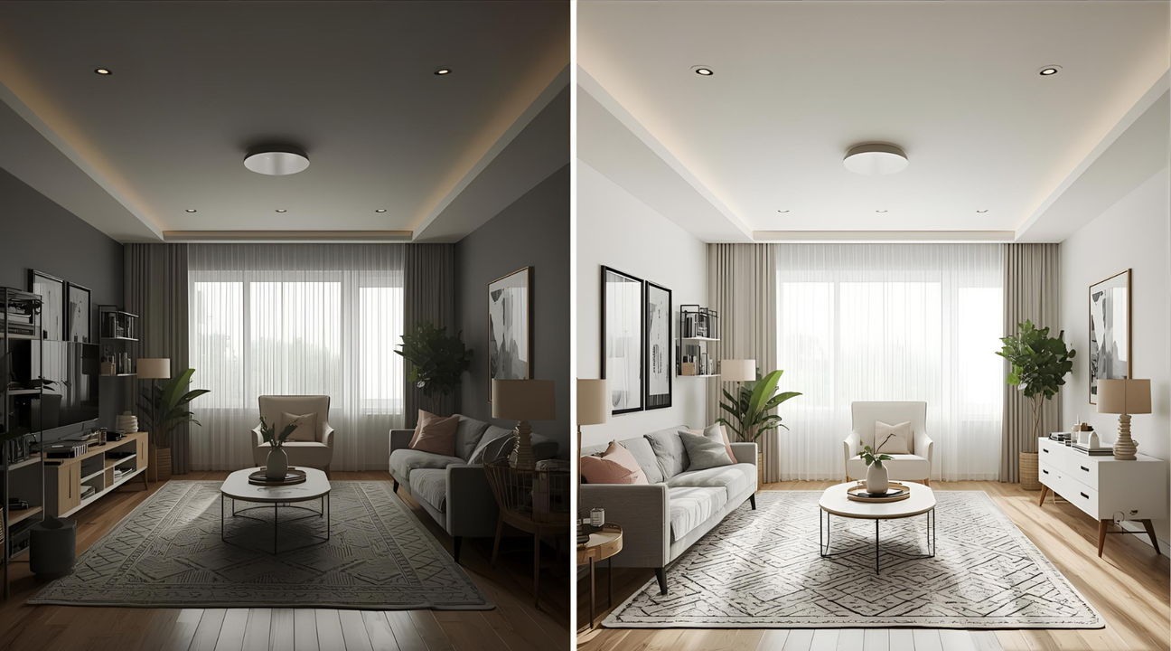 Bright living room featuring a light color palette, modern furniture, and large windows with sheer curtains. Cozy atmosphere with plants.