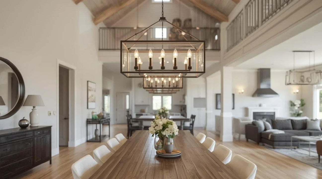 A spacious dining area with a wooden table, white chairs, and an elegant chandelier, overlooking a cozy living room.