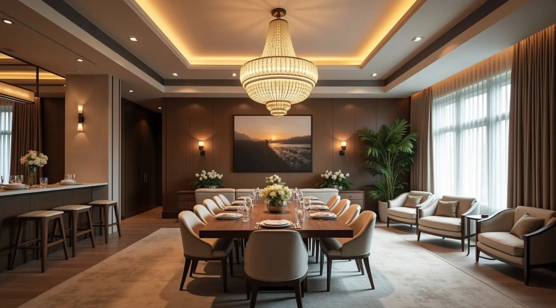 Elegant dining room featuring a large table, modern chairs, a stunning chandelier, and a warm sunset painting. Brightly lit with plants.