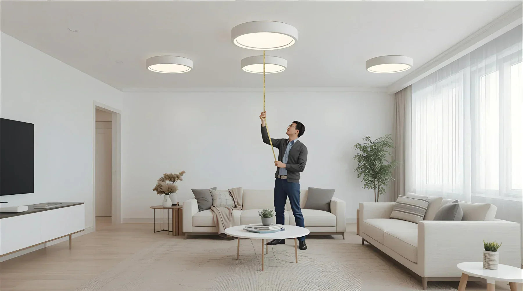 A man stands in a modern living room, measuring the height of circular ceiling lights with a tape measure. Light curtains and plants decorate the space.