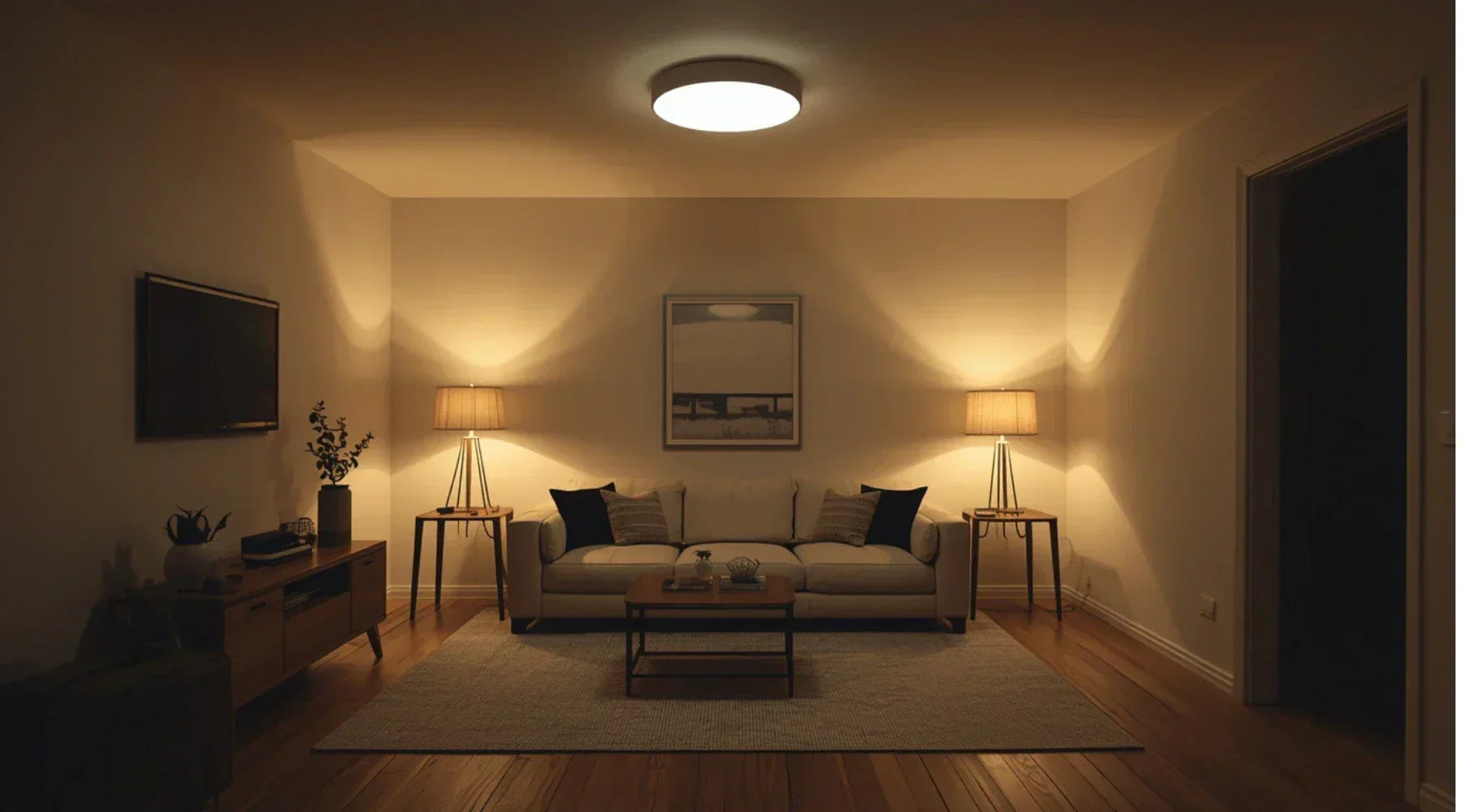 Cozy living room with a beige sofa, two table lamps, a rug, and a wall-mounted TV, softly illuminated for a warm atmosphere.