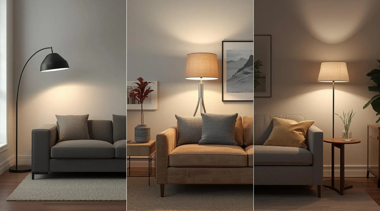 Three cozy living room setups with different lamps illuminating gray and tan sofas, showcasing various lighting styles and decor.