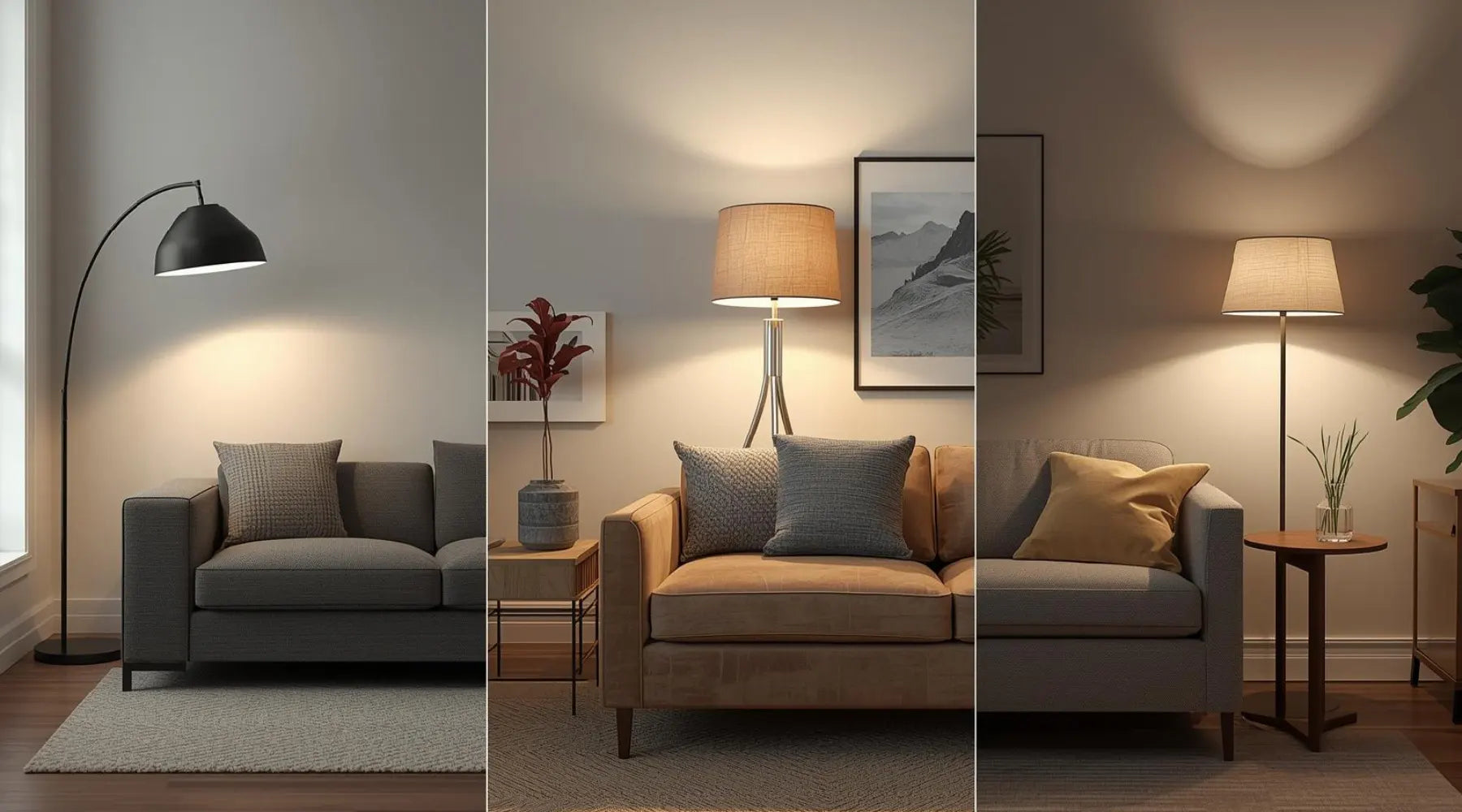 Three cozy living room setups with different lamps illuminating gray and tan sofas, showcasing various lighting styles and decor.