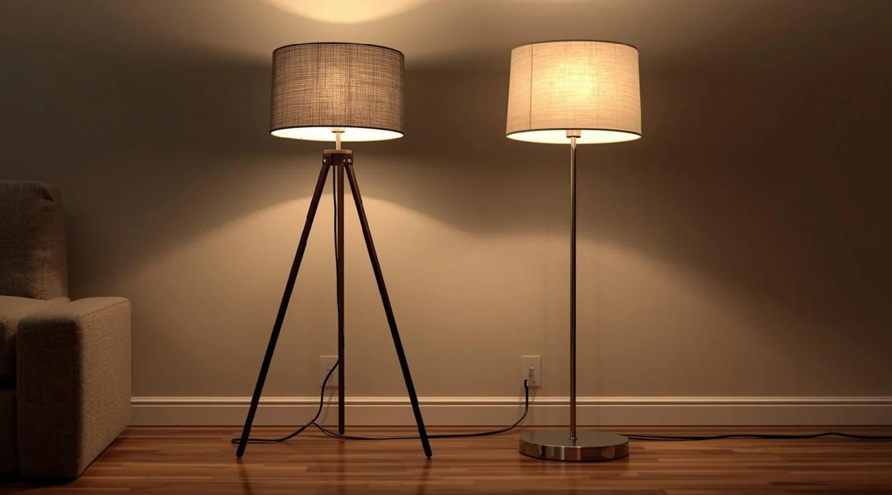 Two floor lamps in a living room, one tripod lamp and one modern standing lamp with fabric drum shades, demonstrating safer lighting placement for kids and pets