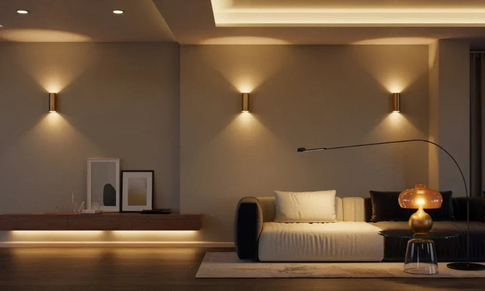 Cozy living room featuring a modern sofa, warm lighting, and stylish decor, creating an inviting and elegant atmosphere.