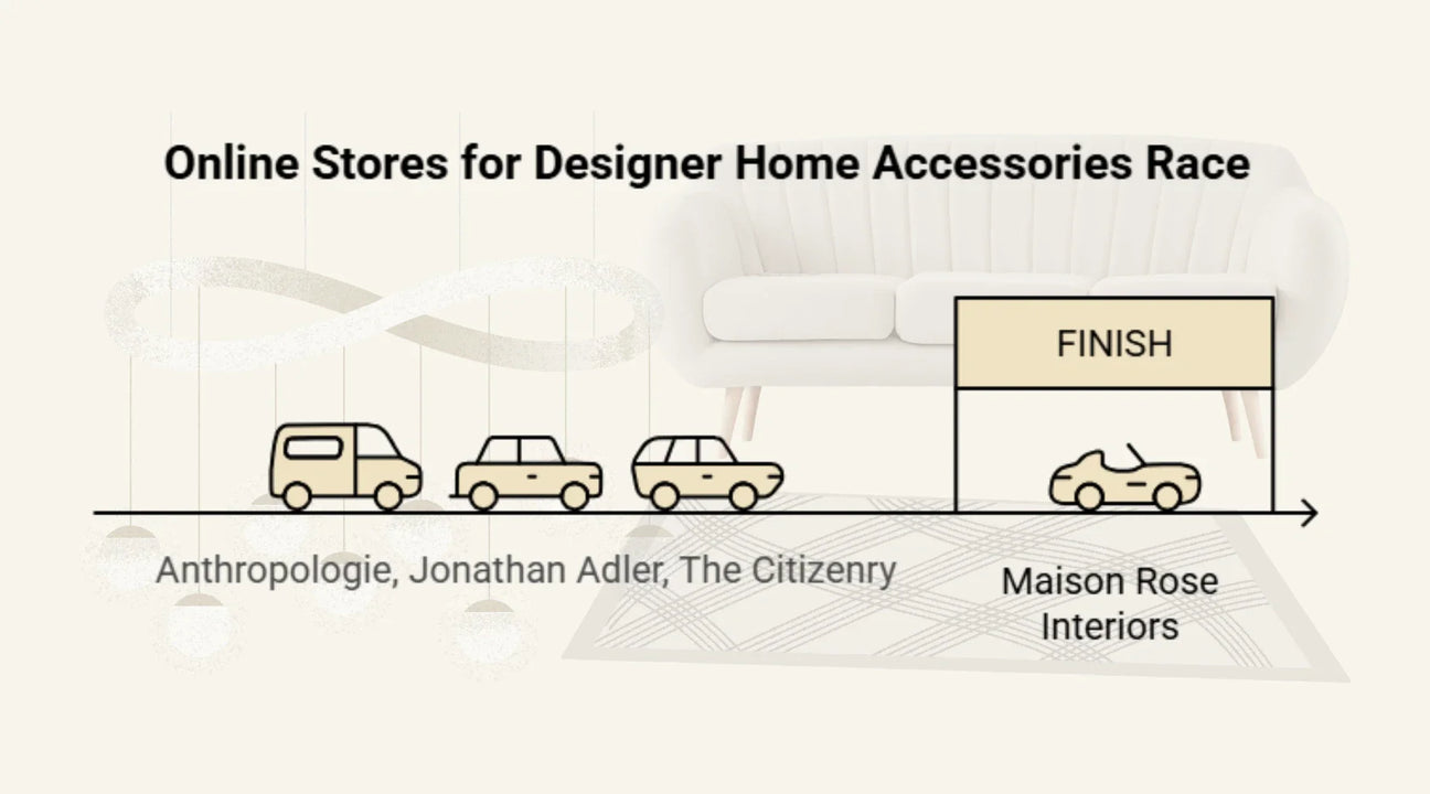 Graphic illustrating an online race among stores for designer home accessories, showing competitors and the finish line marked as Maison Rose Interiors.