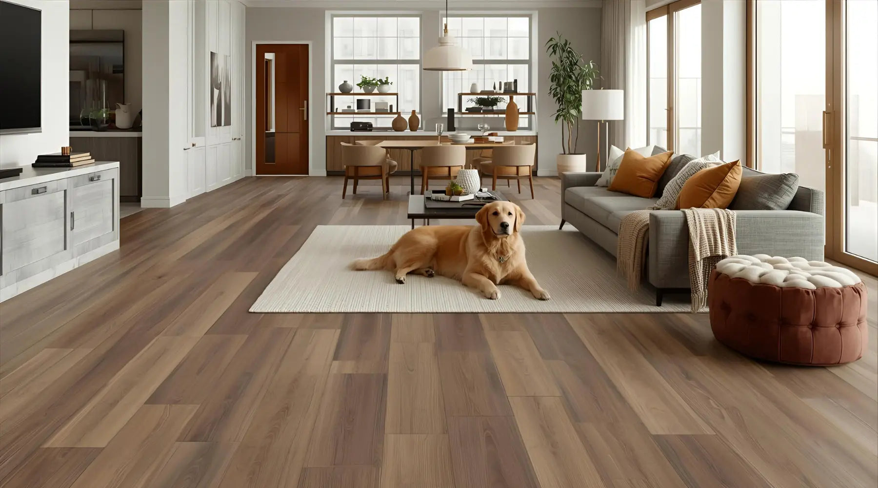 Cozy living room with golden retriever on rug modern furniture and warm earthy decor for a pet friendly living room guide