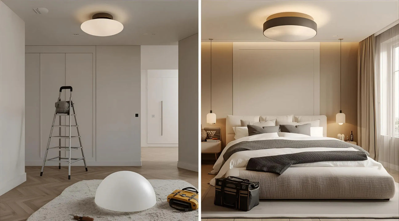 A modern room featuring a sleek, circular ceiling light, a cozy bed with layered bedding, and a ladder beside a white closet.