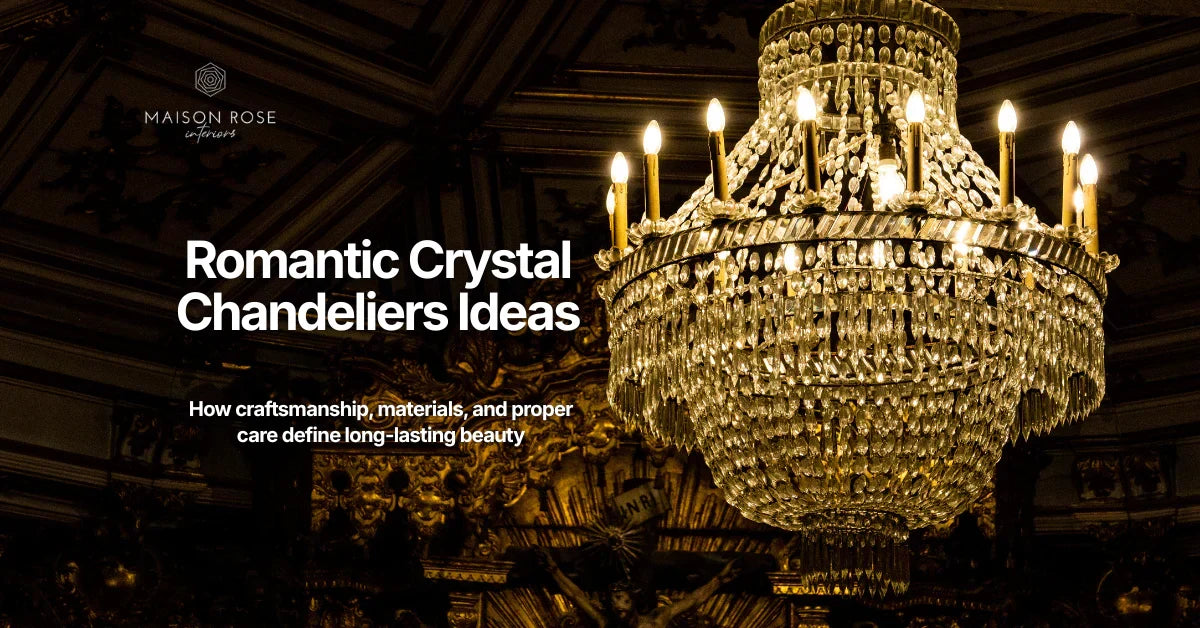 Elegant crystal chandelier shines warmly in ornate interior. Text reads "Romantic Crystal Chandeliers Ideas" by Maison Rose, highlighting beauty.