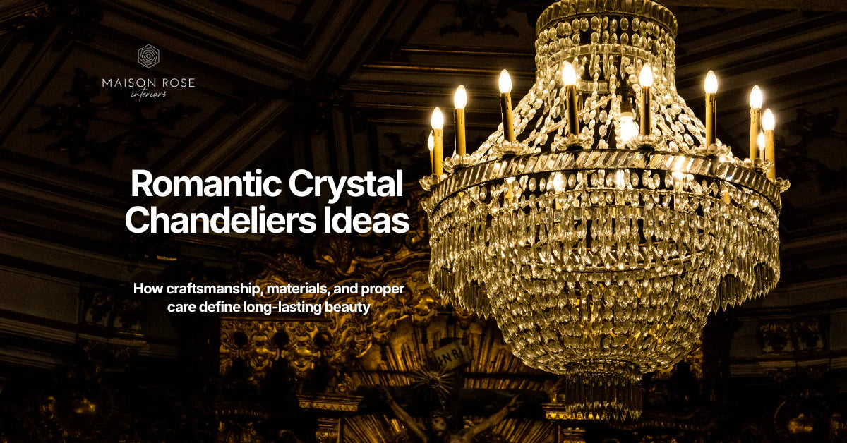 Elegant crystal chandelier shines warmly in ornate interior. Text reads "Romantic Crystal Chandeliers Ideas" by Maison Rose, highlighting beauty.