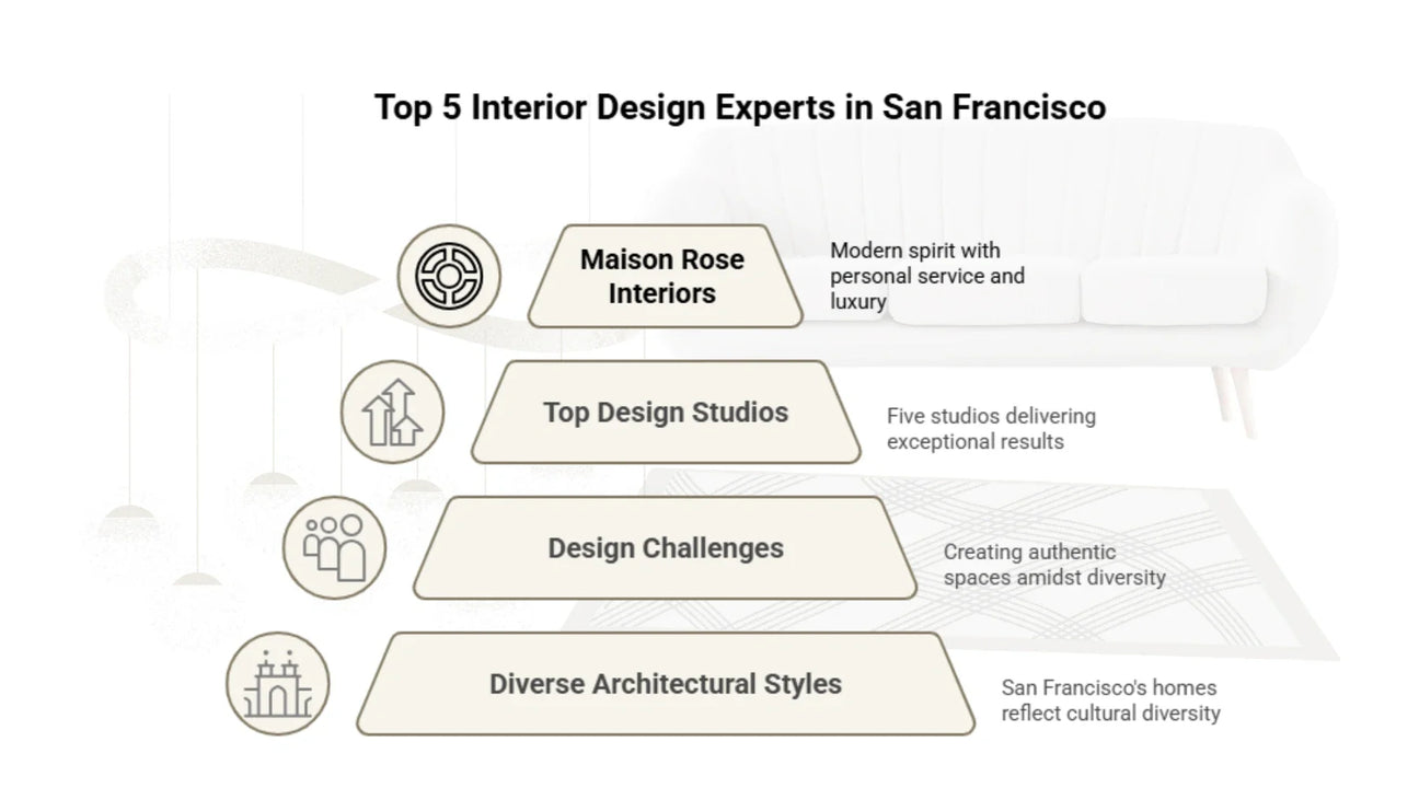 Infographic highlighting top 5 interior design experts in San Francisco, showcasing studios, challenges, and architectural diversity.