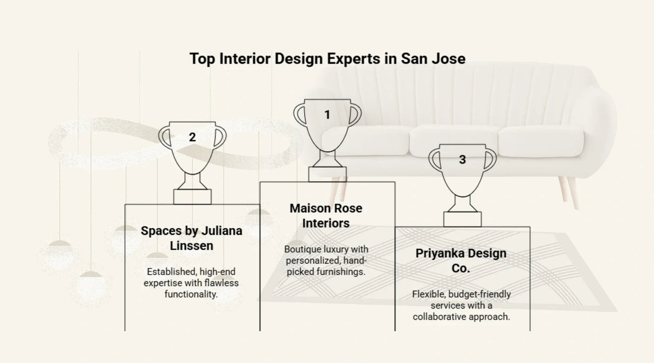 Infographic highlighting the top three interior design experts in San Jose: Maison Rose Interiors, Spaces by Juliana Linssen, and Priyanka Design Co.