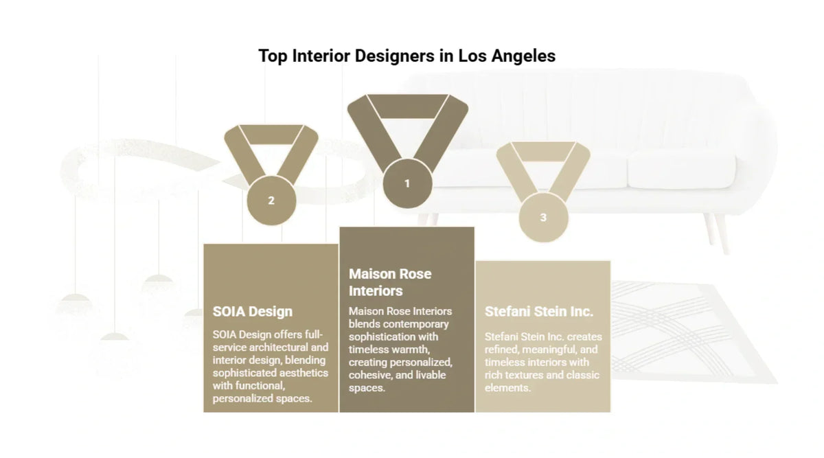 Infographic showcasing the top three interior designers in Los Angeles: Maison Rose Interiors, SOIA Design, and Stefani Stein Inc.