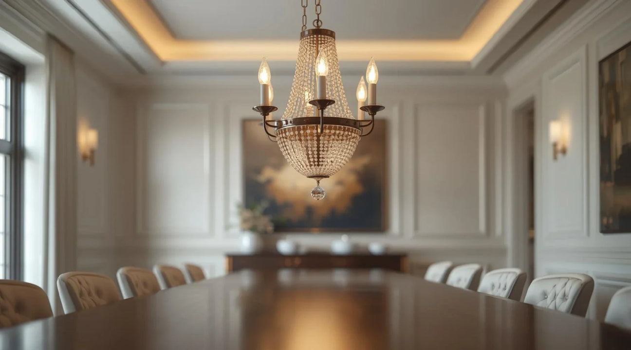 An elegant long table surrounded by chairs, illuminated by a beautiful Top-Dining-Room-Chandelier overhead.
