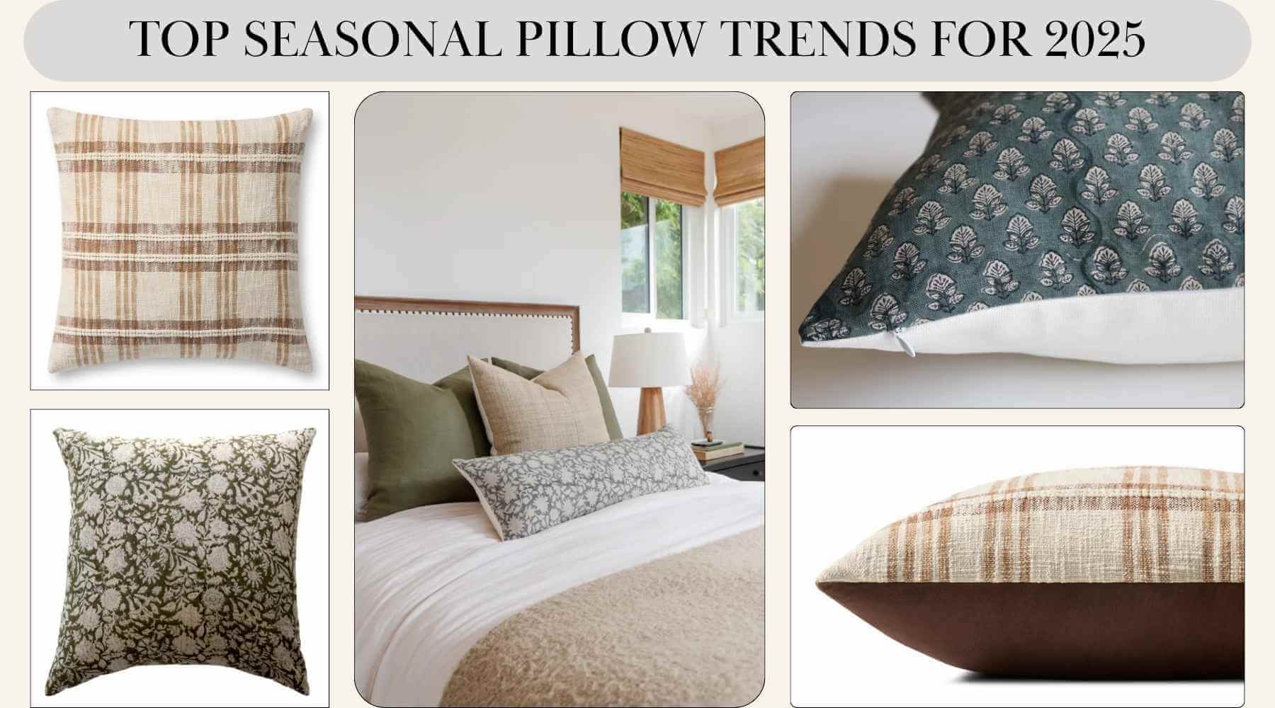 A stylish bedroom showcases 2025’s top seasonal pillow trends, with a mix of textured, patterned pillows arranged on a modern, cozy bed.