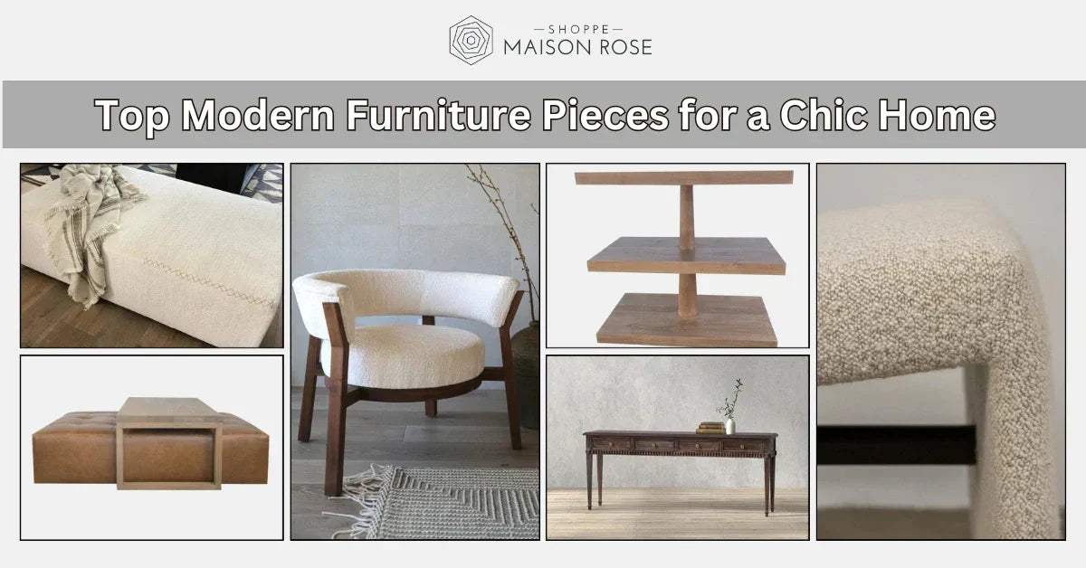 Collage of modern furniture pieces including a cozy chair, textured table, and sleek coffee table, promoting chic home decor.