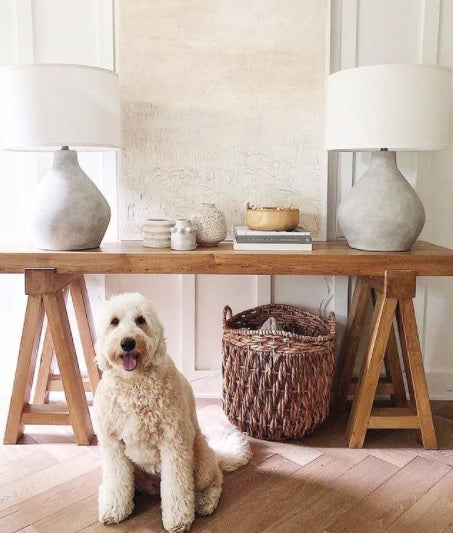 A cheerful golden doodle sits in front of a wooden console table with two lamps, a basket, and decorative objects.