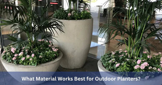Two large outdoor planters filled with vibrant flowers and greenery, enhancing a modern entrance. Text overlays the image, asking about planter materials.