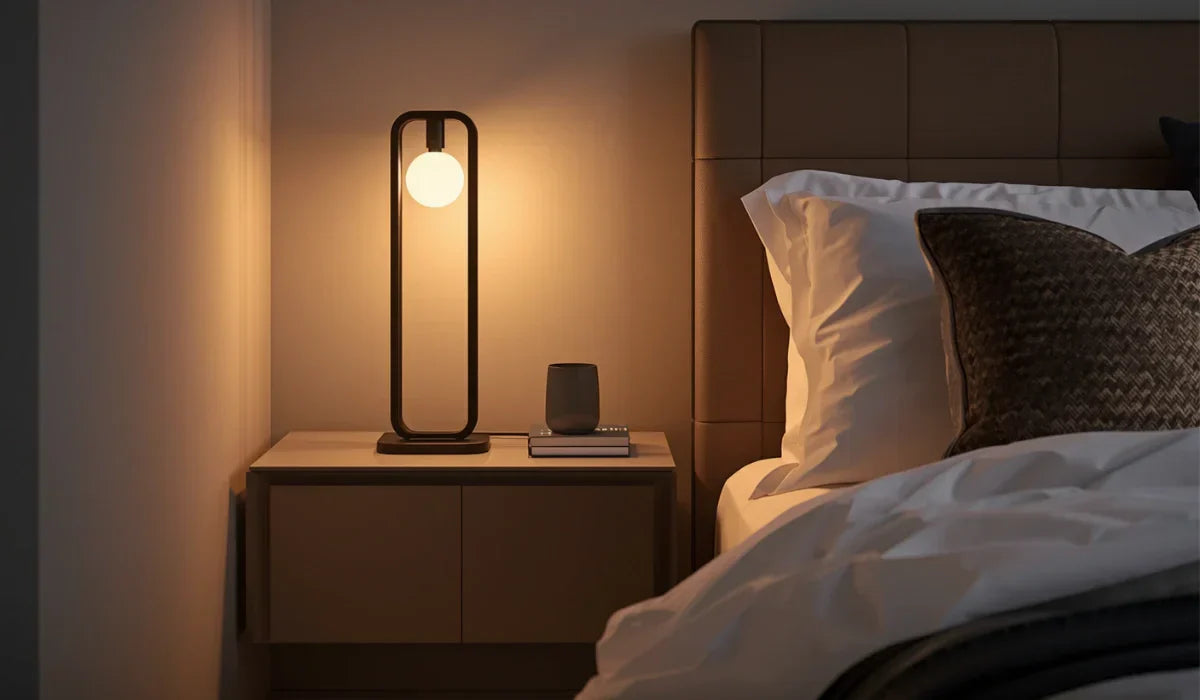 Modern bedside lamp on a nightstand beside a neatly made bed in a small bedroom