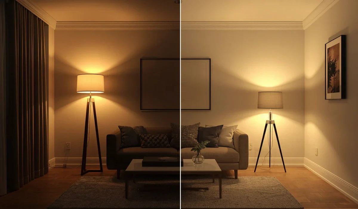 Side-by-side living room showing how floor lamps can brighten a dark room with warm ambient lighting.