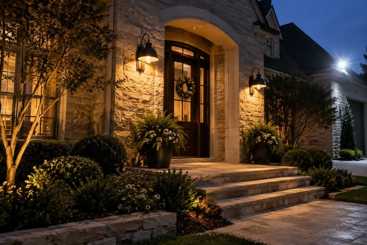 Warm porch lighting with outdoor wall sconces illuminating a front entry and steps