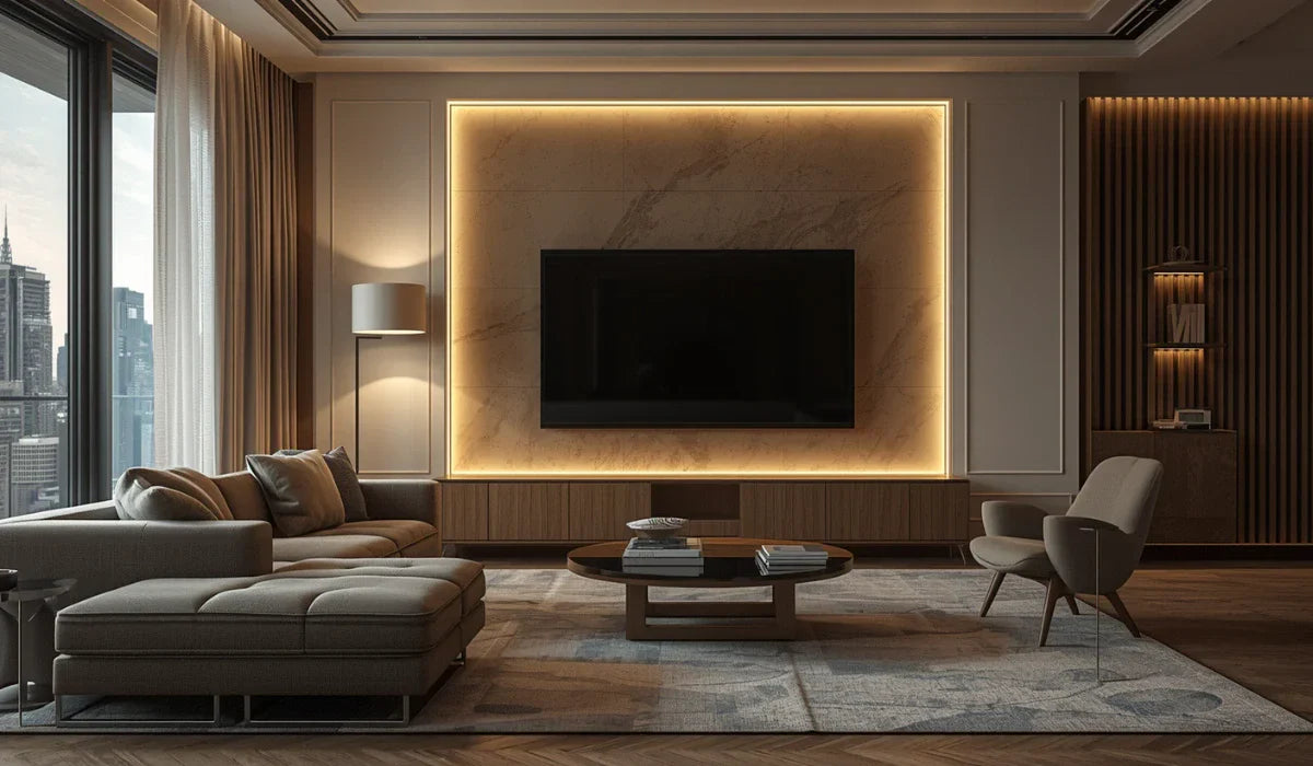 Modern living room with a floor lamp placed beside the sofa near a wall-mounted TV and accent lighting.