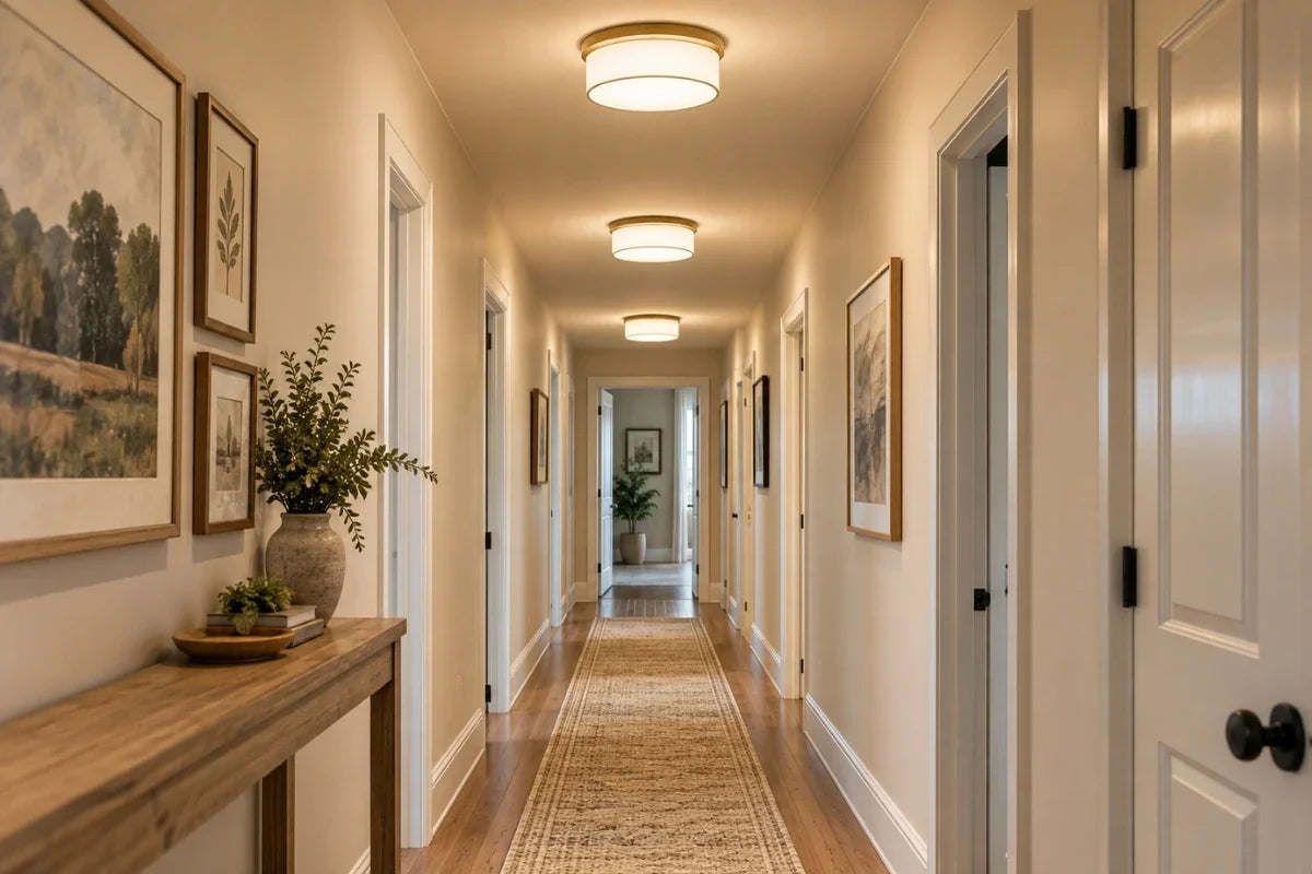 Long hallway with warm flush mount ceiling lights, wall art, runner rug, and soft layered decor