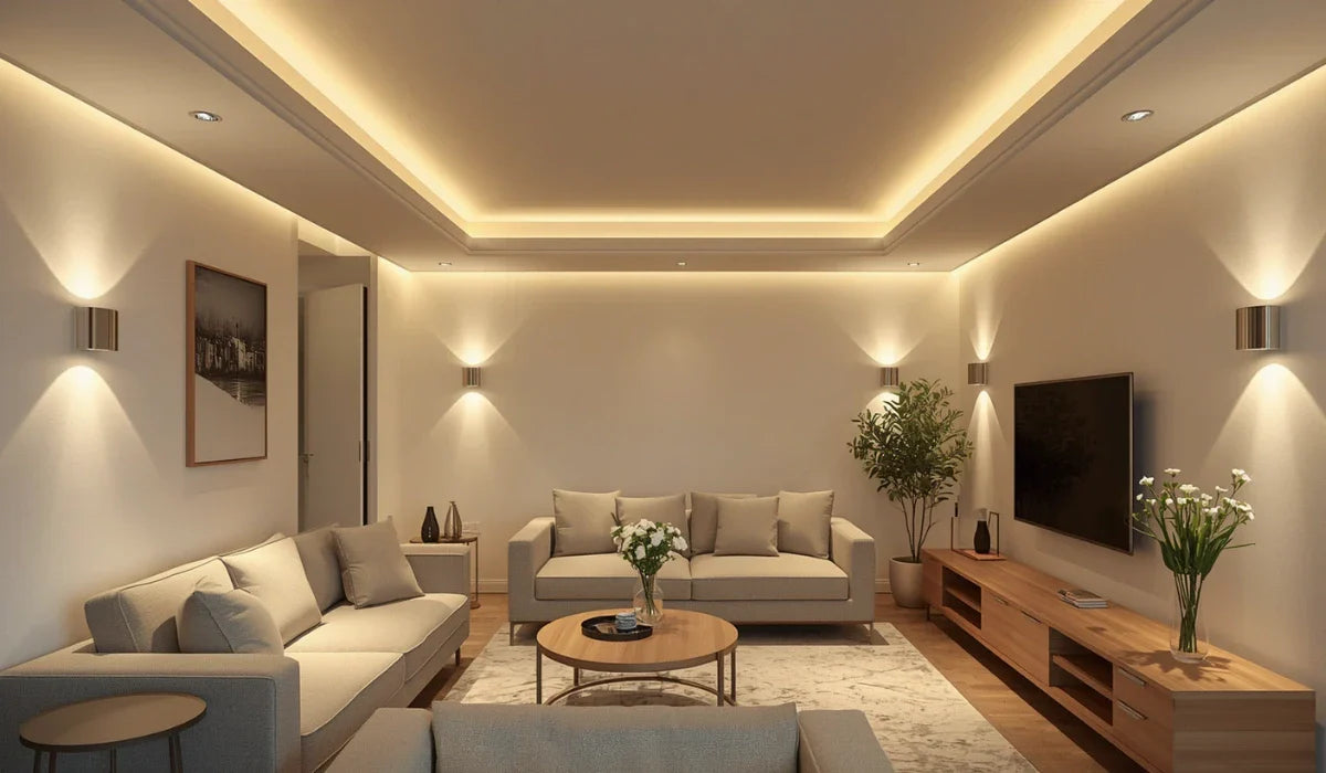 Modern living room with recessed wall sconces and cove lighting for a low ceiling design