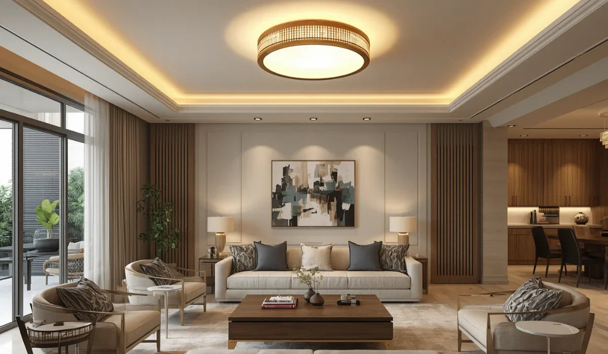 Modern living room with a flush mount ceiling light and warm cove lighting.