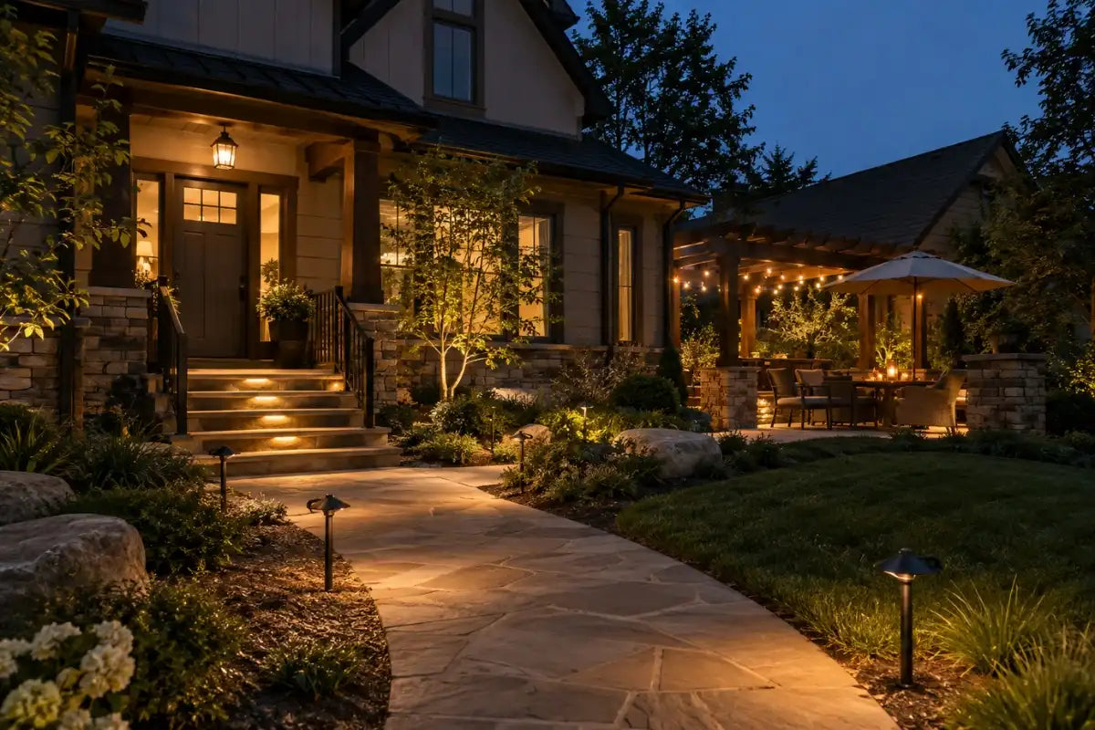 Outdoor lighting ideas showing pathway lights, step lights, garden uplighting, and warm patio lighting